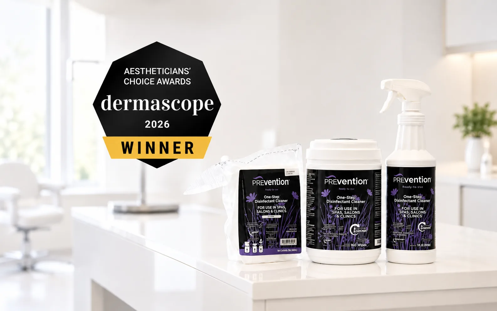 Prevention disinfectants recognized with the 2026 DERMASCOPE Aestheticians' Choice Award